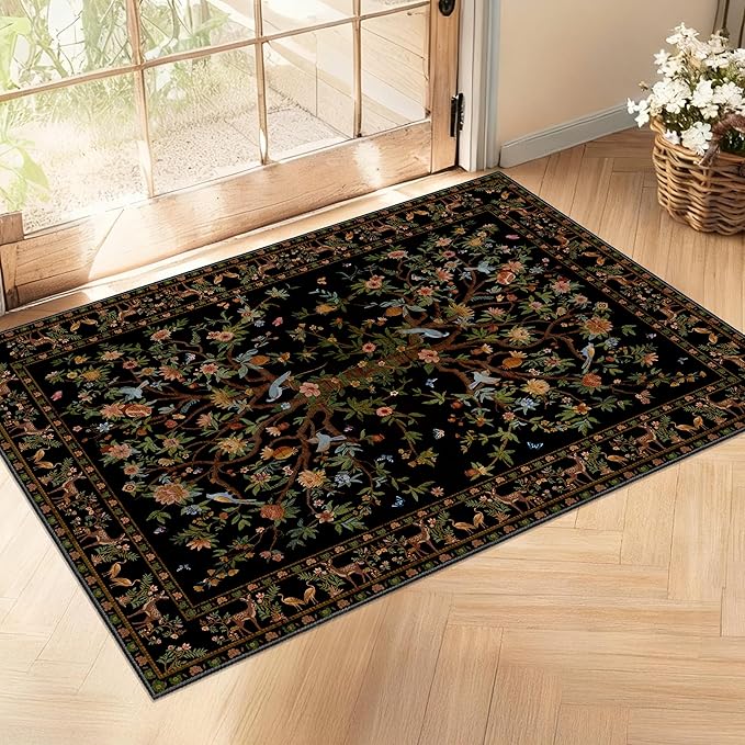 Door Mat Entryway Rug 2x3, Machine Washable Non-Slip Small Area Rug, Boho Floral Low Pile Throw Rugs for Entrance, Front Door, Entry, Kitchen, Kids Room（Black）