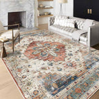 Enkor Area Soft Rugs 6x9 Washable Non Slip Boho Floor Rugs for Living Room Bedroom, Vintage Style Farmhouse Mat for Kitchen Entryway Beige & Red