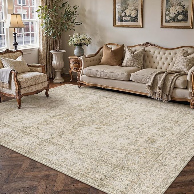 HUGEAR Retro Beige Area Rug 5x7 Machine Washable Living Room Rugs Distressed Vintage Floral Low Pile Carpet Bedroom Office Dining Room Laundry Room Non Slip Soft Lightweight