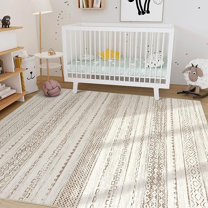 Nakagishi 5x8 Area Rug Living Room: Washable Boho Large Neutral Modern Soft Farmhouse Rugs Stain Resistant Indoor Floor Non-Slip Carpet for Bedroom Nursery Kids Playroom Office Dining Room- Brown