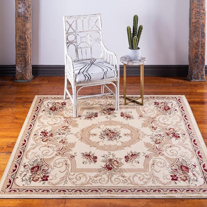 Rugs.com Chateau Collection Rug – 10 Ft Square Cream Medium Rug Perfect for Living Rooms, Kitchens, Entryways