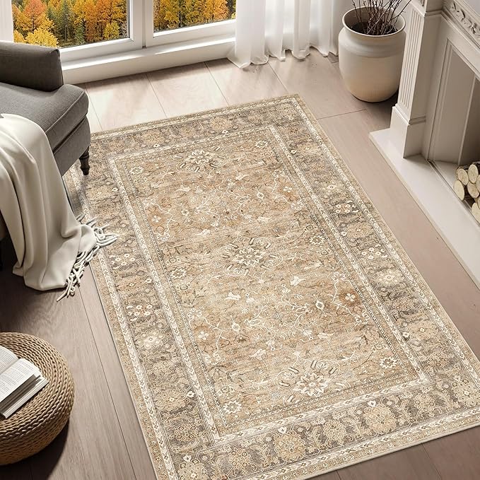 HelloTree Vintage Area Rug 4x6 Khaki Entryway Office Washable Carpet Non Slip Backing Printed Distressed Rugs for Bedroom Vintage Boho Tribal Area Rugs for Bathroom Bedroom Dining Living Room-Khaki