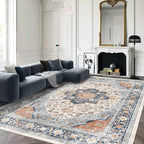 vivorug 8x10 Area Rugs for Living Room, Non-Slip Backing Washable Rug 8x10, Large Area Rug Soft Carpet for Bedroom Dining Room, Vintage, Easy Clean, Durable, Low Pile Rug Orange/Navy