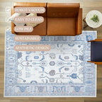 Fame Living Cream Blue Oushak Rug, Modern, Vintage, Turkish, Eclectic, Floral, Pastel, Washable, Extra Large Area Rugs for Living Room, Dining, Bedroom, Lounge, 9'x12'