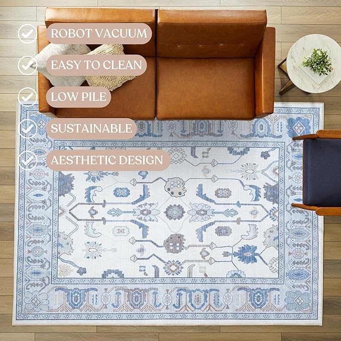Fame Living Cream Blue Oushak Rug, Modern, Vintage, Turkish, Eclectic, Floral, Pastel, Washable, Extra Large Area Rugs for Living Room, Dining, Bedroom, Lounge, 9'x12'
