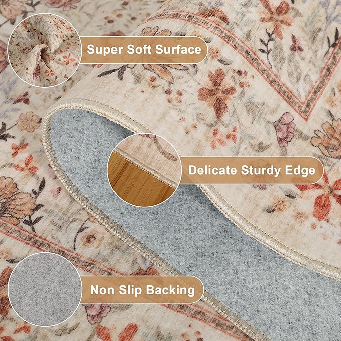 DUKINO 2x3 Entryway Rug, Floral Washable Area Rug with Non Slip Indoor Door Mat, Vintage Low Pile Small Front Door Throw Carpet for Kitchen, Entrance, Bathroom, Bedroom, Beige