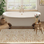 DUKINO 2x5 Washable Runner Rug, Floral Non Slip Bathroom Rugs with Soft Low Pile Design, Lightweight Non-Shedding Carpet Runner for Bathroom, Kitchen, Hallway, Bedroom, Laundry, Beige