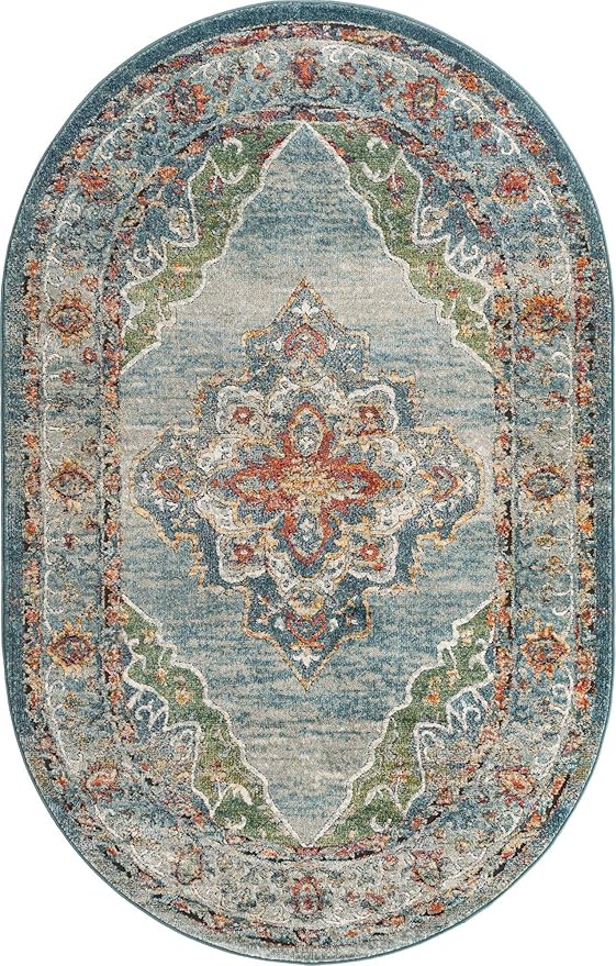 Unique Loom Isabella Collection Area Rug - Rossellini (5' 1" x 8' Oval, Blue/ Beige)