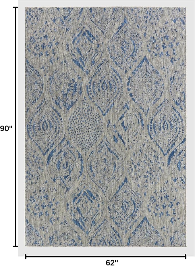 FH Home Outdoor Rug - Waterproof Easy to Clean Stain Resistant - Patio Indoor Outdoor Porch Deck Balcony Entryway - Distressed Farmhouse - Granada - Blue - 5ft 2in x 7ft 6in