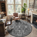 6ft Round Washable Area Rugs for Living Room, Vintage Boho Large Rug for Bedroom Dining Room Office, Distressed Floral Print Carpet for Under Table, Soft Non Slip Low Pile Throw Indoor Mat, Black
