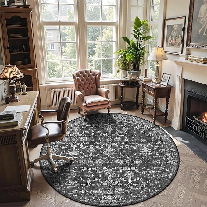 6ft Round Washable Area Rugs for Living Room, Vintage Boho Large Rug for Bedroom Dining Room Office, Distressed Floral Print Carpet for Under Table, Soft Non Slip Low Pile Throw Indoor Mat, Black
