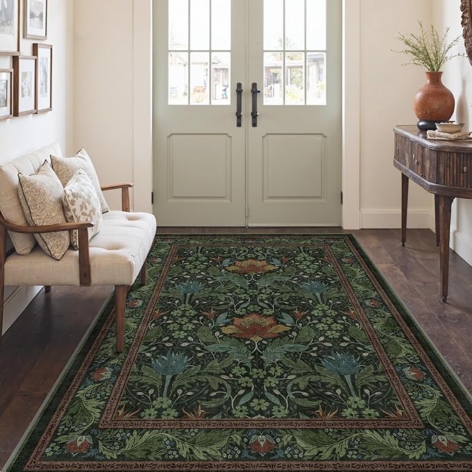 Bavni 5x7 Area Rugs for Living Room, Microfiber Machine Washable Non-Slip Vintage Floral Rug, Low Pile Lightweight Carpet for Bedroom, Dining Room, Home Office, Dark Green