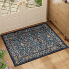 DUKINO 2x3 Entryway Rug, Floral Washable Area Rug with Non Slip Indoor Door Mat, Vintage Low Pile Small Front Door Throw Carpet for Kitchen, Entrance, Bathroom, Bedroom, Dark Blue