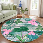 Indoor Outdoor Round Rug 6ft - Blue White Tropical Botanical Pattern, Non-Slip Patio Carpet, Easy-Clean Non-Shedding Rug for Living Room, Kitchen, Garden, Indoor Shower Mat