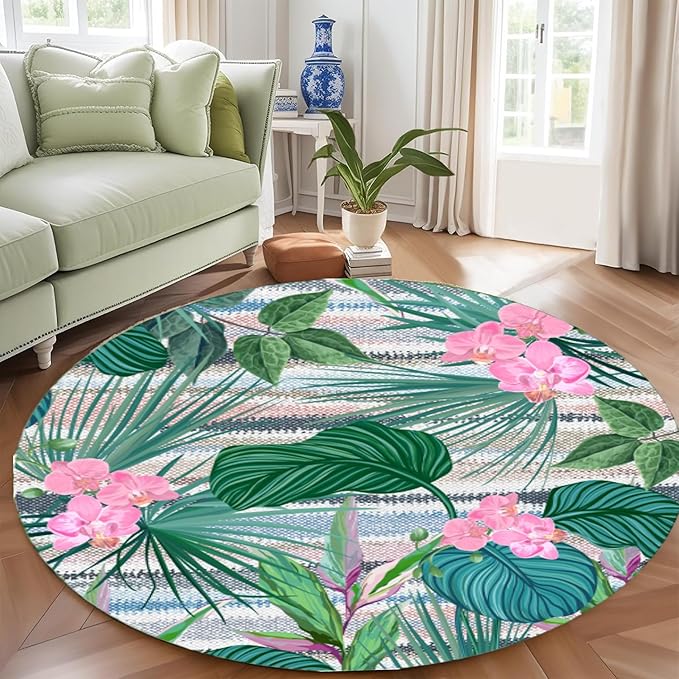 Indoor Outdoor Round Rug 4ft - Blue White Tropical Botanical Pattern, Non-Slip Patio Carpet, Easy-Clean Non-Shedding Rug for Living Room, Kitchen, Garden, Indoor Shower Mat