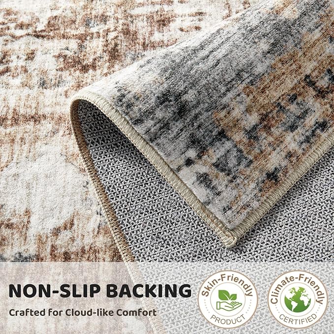 5ft Round Area Rug Living Room Rugs - 5x5 Washable Large Soft Indoor Neutral Modern Abstract Low Pile Rug Carpet for Bedroom Dining Room Farmhouse Home Office - Grey Brown