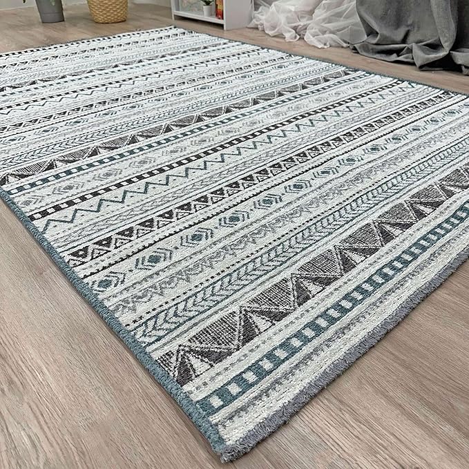 Alfa Rich 7x10 Blue Gray White Washable Area Rugs for Living Room Bedroom Kitchen Cotton Decor Rug