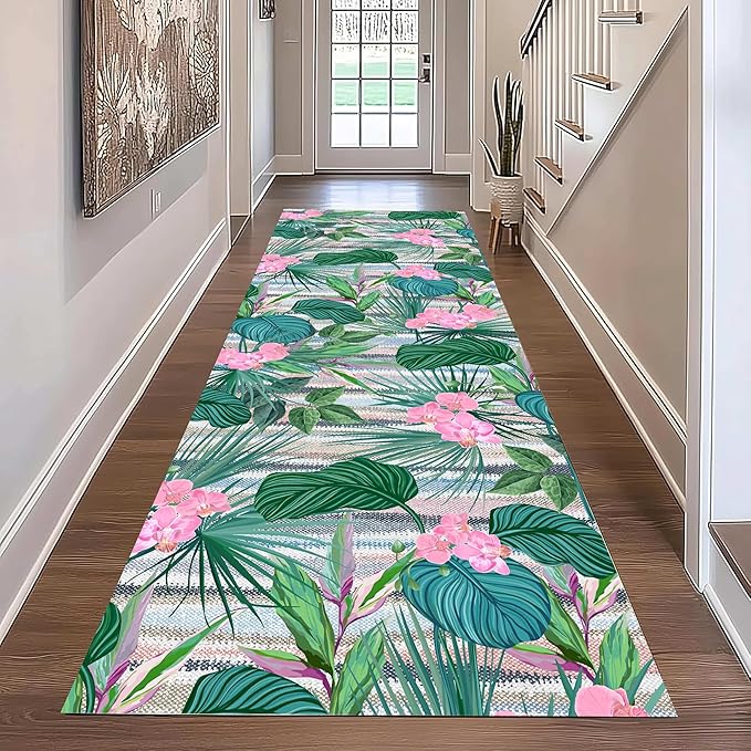 Tropical Runner Rug 4x10 ft - Floral & Leaf Print, Pink Flowers & Greenery - Non-Slip Easy Clean - Hallway, Living Room, Bedroom - Bohemian Watercolor Style