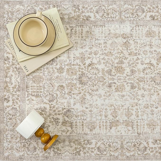 Light Brown Area Rug 3x4 Office Entryway Rug Machine Washable Kitchen Vintage Distressed Non Slip Carpet Indoor Retro Floral Accent Throw Door Mat for Bathroom Bedroom Dining Living Room
