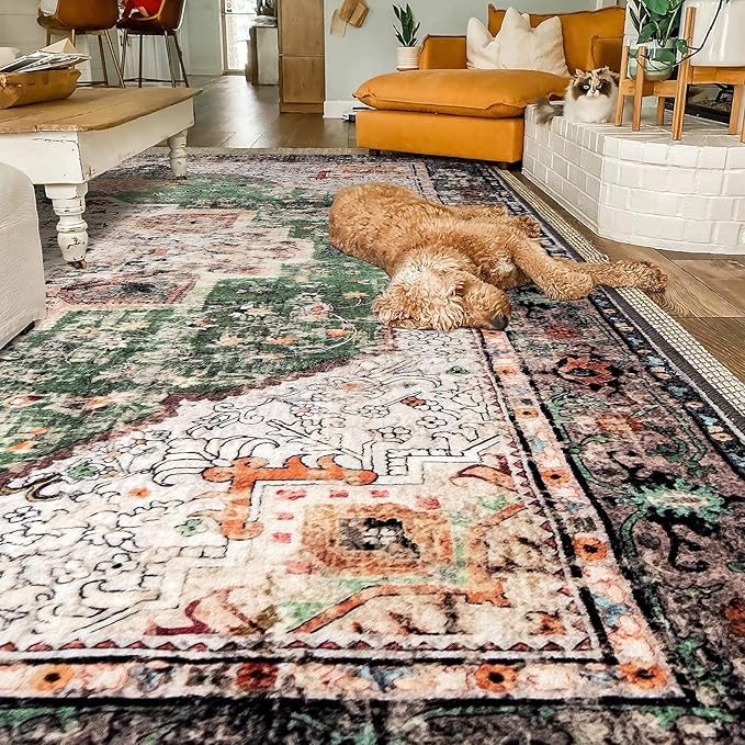 Boho Area Rug 3x5 Green Rug Washable Vintage Rug for Kitchen Living Room Bedroom Bathroom Office Low Pile Non Slip Floor Carpet