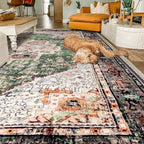 8x10 Area Rug - Green Boho Washable Vintage Low Pile Non-Slip Large Rug for Living Room, Bedroom & Dining Room