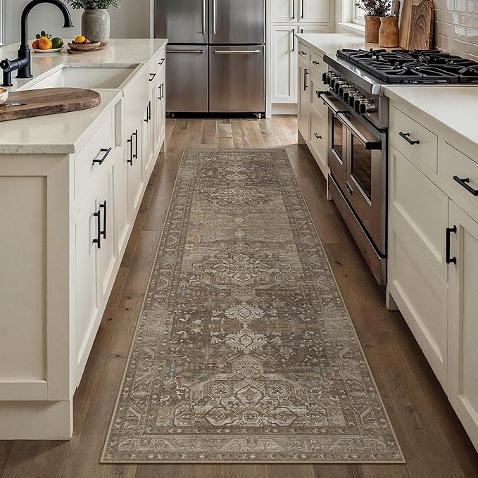 2x8 Brown Washable Vintage Runner Rug for Living Room Bedroom Non Slip Distressed Traditional Soft Runner Rug Low Pile Lightweight Floral Runner Kitchen Hallway Balcony