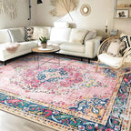 Area Rug 6x9 for Living Room Pink Boho Rug Vintage Rug Non-Slip Washable Low Pile Foldable Large Rugs for Bedroom Dining Room Indoor Floor Carpet