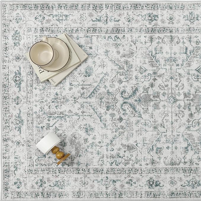 Blue 8x10 Area Rug Vintage Washable Living Room Carpet Non Slip Bedroom Indoor Office Low Pile Large Traditional Distressed Retro Accent Rug for Dining Room Bathroom Kitchen
