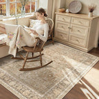 HelloTree Vintage Area Rug 4x6 Khaki Entryway Office Washable Carpet Non Slip Backing Printed Distressed Rugs for Bedroom Vintage Boho Tribal Area Rugs for Bathroom Bedroom Dining Living Room-Khaki