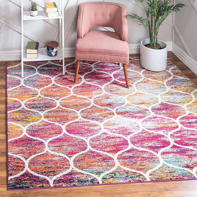 Rugs.com Lattice Frieze Collection Rug – 7' Square Multi Medium Rug Perfect for Living Rooms, Kitchens, Entryways