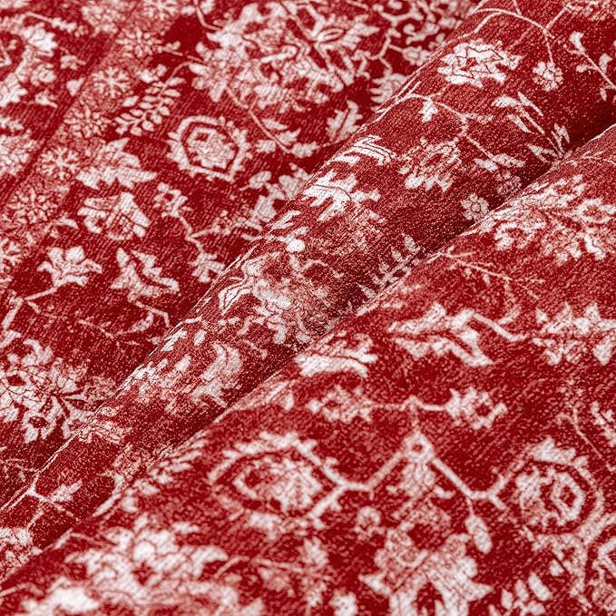 Christmas Runner Rug 2x6 Red Washable Hallway Carpet Retro Floral Holiday Decorative Non Slip Low Pile Soft Throw Long Xmas Rug for Kitchen Bedroom Bathroom