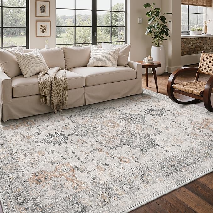 Bavni Washable Rug 6x9 Area Rug for Living Room Bedroom Dining, Washable Vintage Print Carpet, Ultra-Thin Low Pile Lightweight Rug with Non Slip Backing, Light Taupe Brown