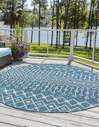 Unique Loom Outdoor Trellis Collection Area Rug - Tribal Trellis (5' 3" Round, Teal/ Ivory)