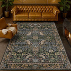 Boho Living Room Rug 5x8 - Dark Green Rugs 5x8 for Bedroom, Dinning Room, Office with Vintage Forest Farmhouse Botanical & Bird Design, Non Slip Stain Resistant Low Pile - Brown