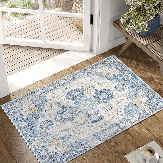 jinchan Kelda Area Rug 2x3 Entryway Rug Washable Soft Indoor Vintage Floor Cover Retro Distressed Mat Accent Lightweight Non-Slip Carpet for Entrance Bathroom Kitchen Living Room Bedroom Blue