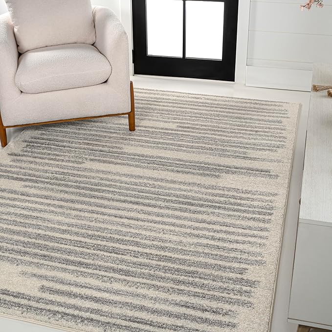 JONATHAN Y Khalil Modern Berber Stripe Cream/Gray Indoor Area Rug, 8x10, Contemporary, Bohemian, Easy-Cleaning for Living Room, Bedroom, Kitchen, Pet Friendly, Non-Shedding (MOH207C-8)