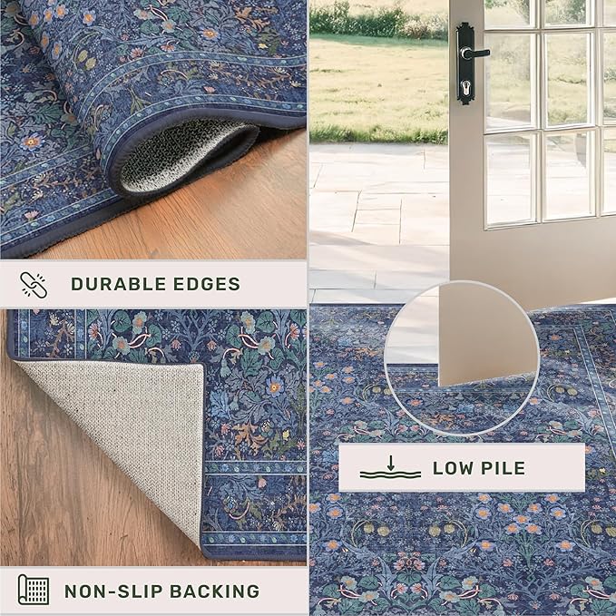 Dining Room Rugs for Under Table - 6x9 Washable Dark Blue Oriental Area Rug for Living Room, Low Pile Non-Slip Floor Carpet for Bedroom - Vintage Navy Design & Stain Resistance