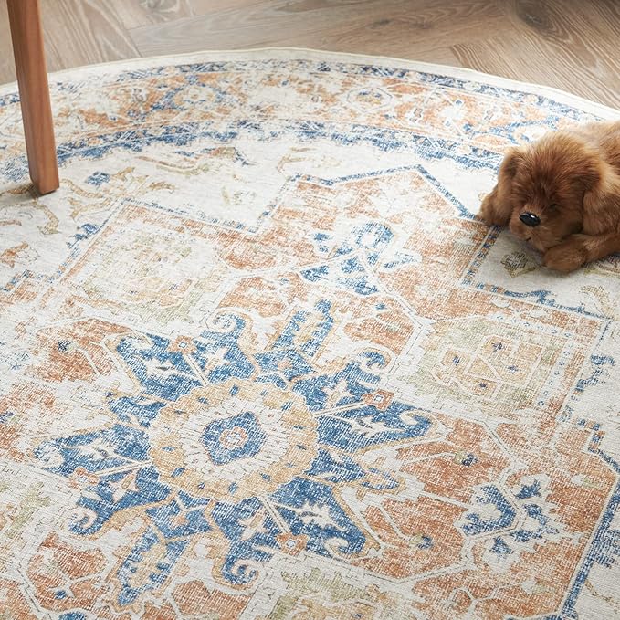 jinchan Kelda Round Rug 6ft Washable Area Rug Indoor Vintage Bedroom Floor Cover Distressed Circle Mat 6' Round Lightweight Non Slip Low Pile Thin Farmhouse Carpet for Living Room Dining Room Orange