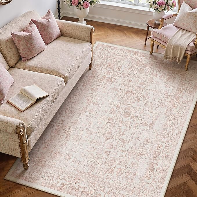 Pink Area Rug 4x5 Office Entryway Rug Machine Washable Kitchen Vintage Distressed Non Slip Carpet Indoor Retro Floral Accent Throw Door Mat for Bathroom Bedroom Dining Living Room