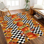 Pumpkin Area Rugs, 5x6ft, Fallen Leaves Autumn Harvest Pumpkins Black and White Checkered Rug, Ultra-Thin Rubber Non Slip Geometric Carpet for Living Room Playroom