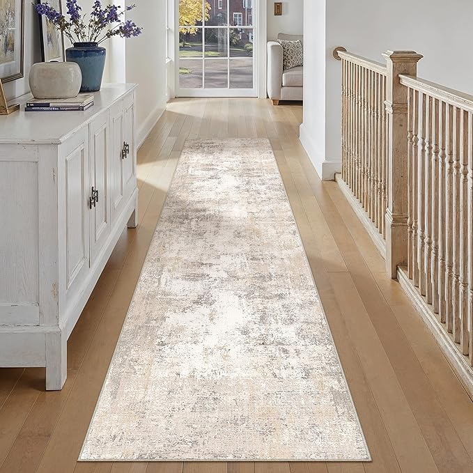 2x12 Washable Runner Rug Beige Grey Abstract Hallway Kitchen Throw Rug Neutral Modern Non Slip Soft Low Pile Carpet for Bathroom Laundry Bedroom Living Room