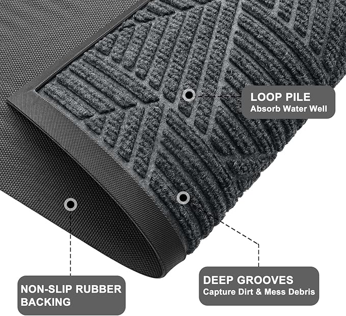 Kitinjoy Front Door Mat Outside Entrance, Sturdy Natural Dirt Trapper, Heavy Duty Rubber Doormat, Low Profile Non-Slip Backing, Easy Clean Floor Mat for Indoor Outdoor Entry, 47X32 Inch, Grey