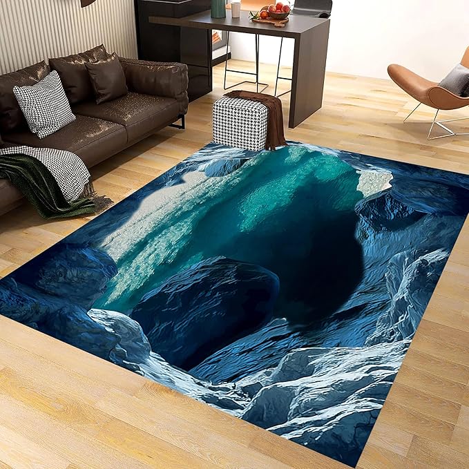 Blue Cave 3D Rugs for Bedroom, 3x4ft, Illusion Natural Landscape Blue Water Pool Entryway Rug, Rubber Backed Non Skid Low Pile Carpet，Foldable Soft No Crease Mats for Sofa Indoor