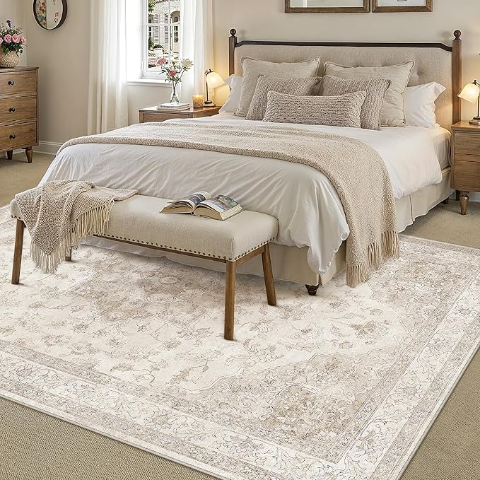 Beige Area Rug 6x9 Washable Vintage Carpet for Living Room Bedroom Large Soft Retro Low Pile Thin Indoor Rug Non Slip Oriental Medallion Floor Cover for Dining Room Office