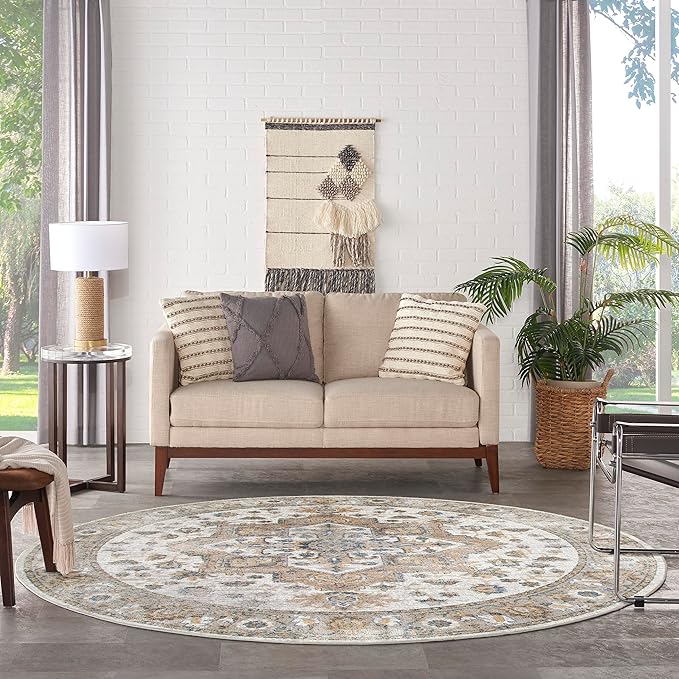 Nourison Home Astra Machine Washable Beige 5'3" x Round Area Rug - Easy Clean, Non Shedding, Bed Room, Living Room, Dining Room, Kitchen (5' x Round)