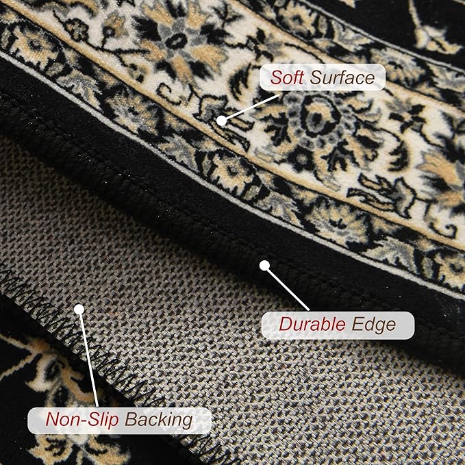 XWZO Runner Rug 2x10ft for Long Hallways, Washable Non-Slip Low Pile Area Rug with Rubber Backing, Spill Resistant Soft Vintage Floor Carpet for Kitchen Entryway Stair Landing Living Room, Black