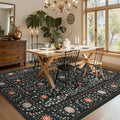 GarveeHome Boho 6x9 Area Rug for Living Room, Floral Vintage Rugs for Bedroom with Soft Low Pile, Non Slip Stain Resistant Botanical Washable Rug 6x9 for Dining Room Black Carpet for Dorm Office