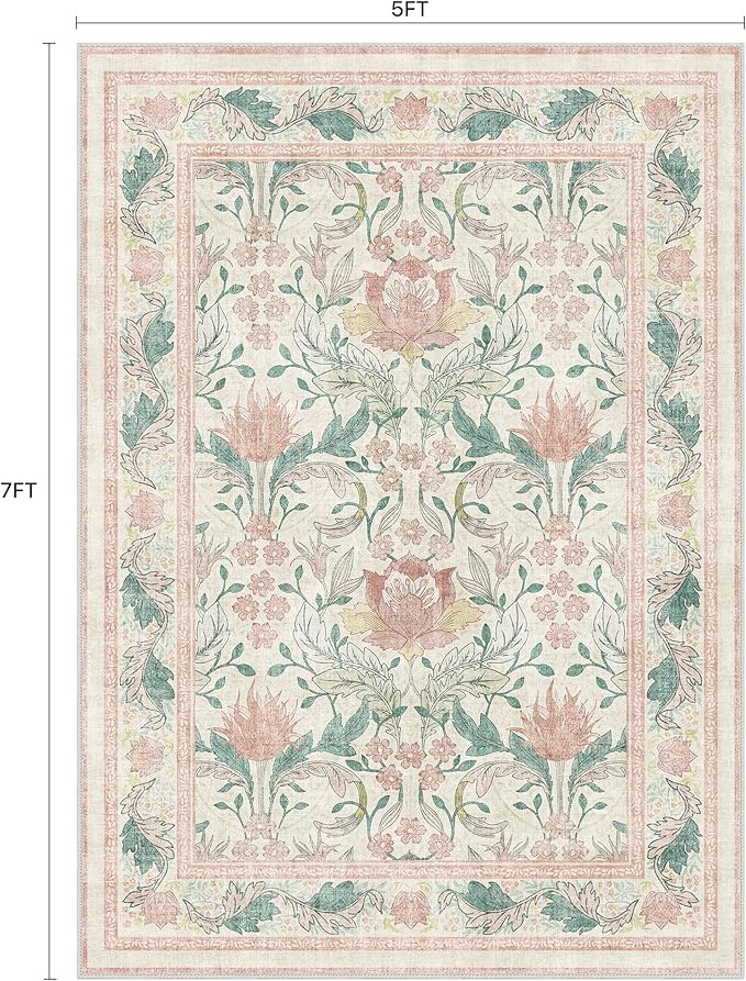 Bavni 5x7 Area Rugs for Living Room, Microfiber Machine Washable Non-Slip Vintage Floral Rug, Low Pile Lightweight Carpet for Bedroom, Dining Room, Home Office, Beige&Pink