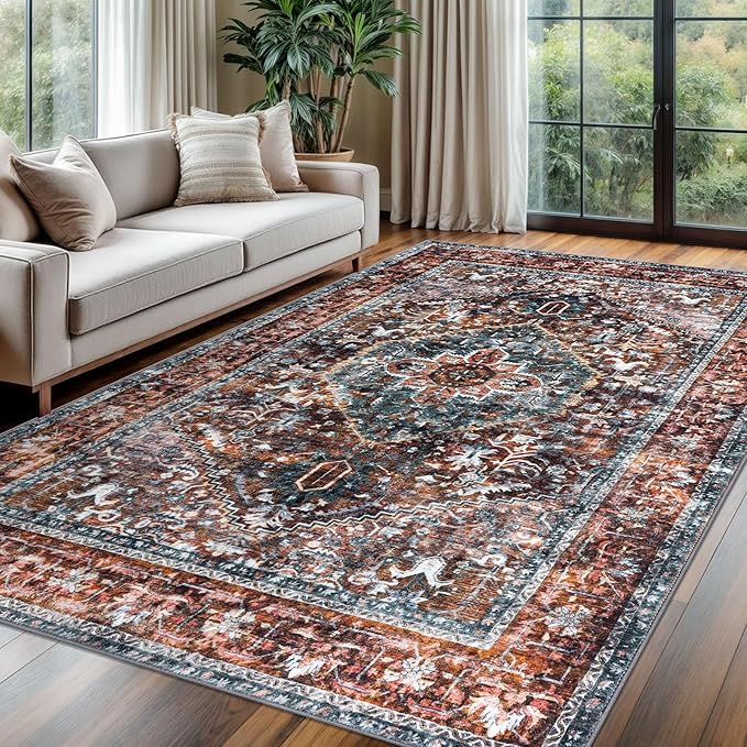 KOZYFLY Boho Area Rug 6x9 Ft Thin Rugs for Living Room Washable Bedroom Rug Non Slip Rugs Printed Faux Wool Vintage Bedroom Rug Floor Carpet for Dining Room Living Room, Brick Red/Orange/Green