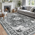 DEXI 5x8 Area Rug for Living Room, Washable Vintage Farmhouse Thin Rug Indoor Floor, Non Slip Stain Resistant Low Pile Carpet for Dining Room Bedroom Office, White Grey